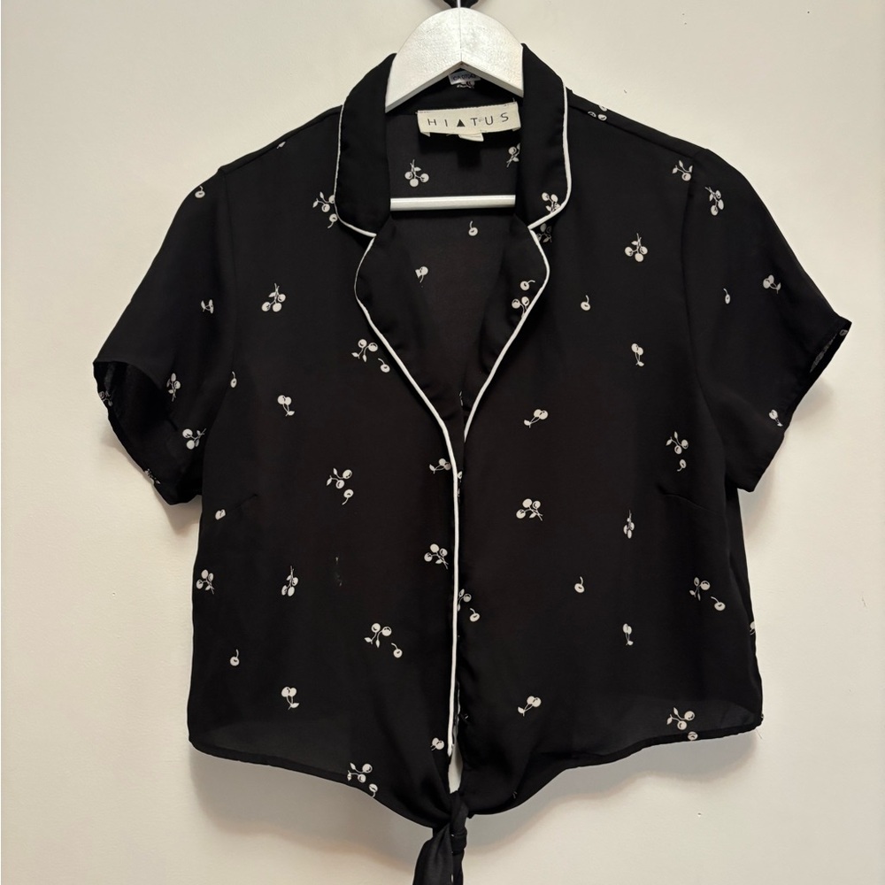 Black Button Down Shirt with Notched Collar and Tie Front